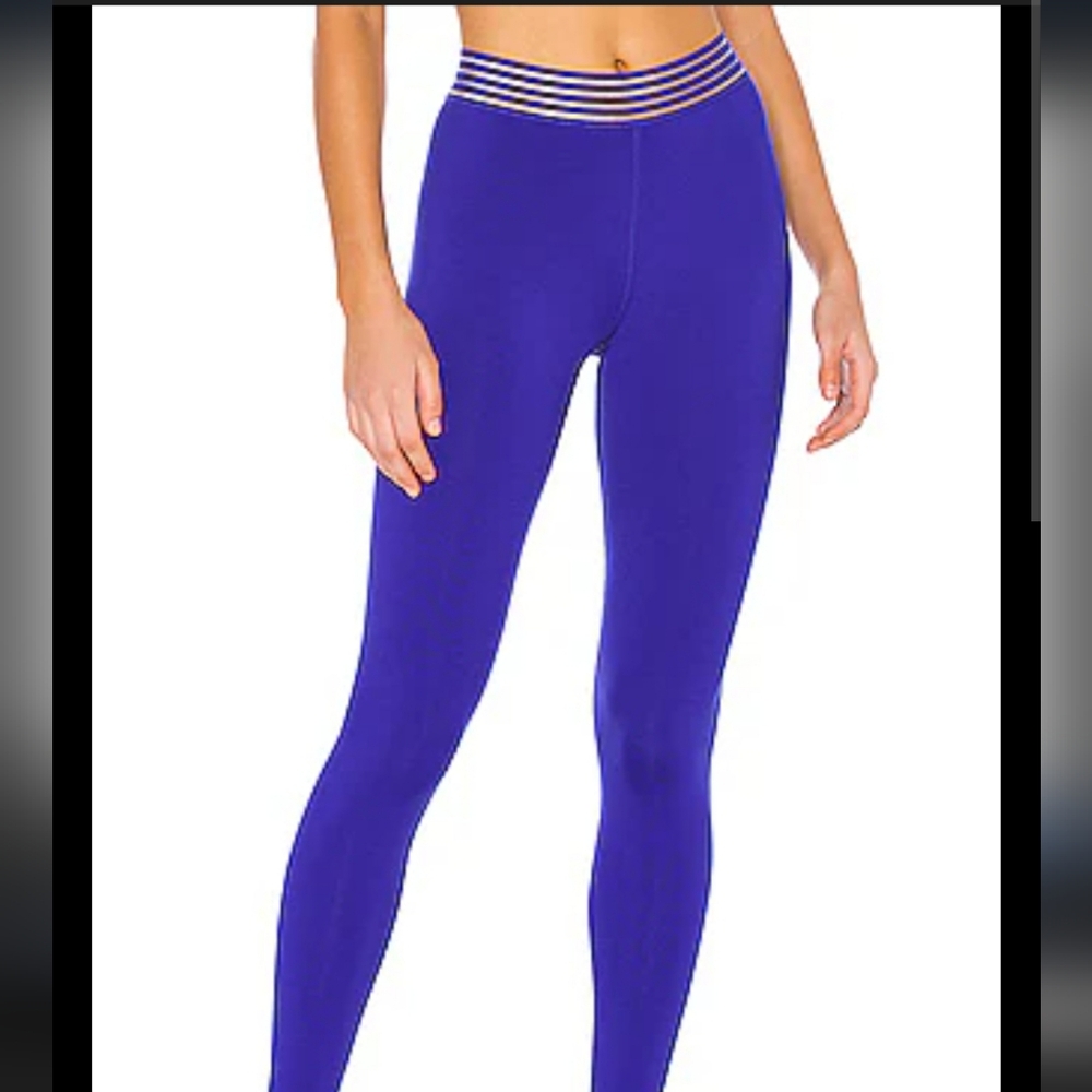 Alo Yoga High Waisted Gaze Leggings Sapphire Blue Mesh Striped Waistband